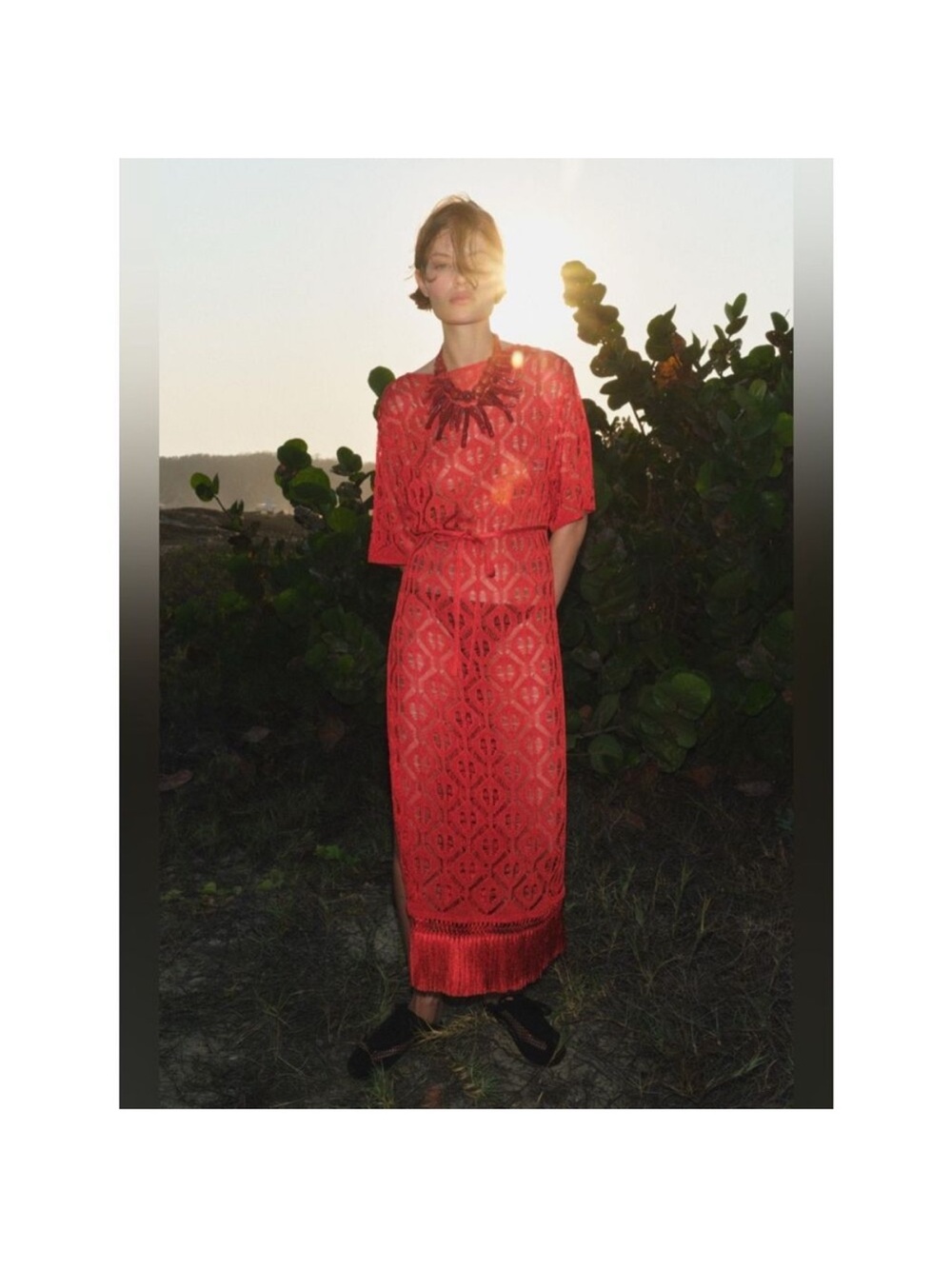 ZARA LONG FRINGED OPEN KNIT TUNIC DRESS RED NEW